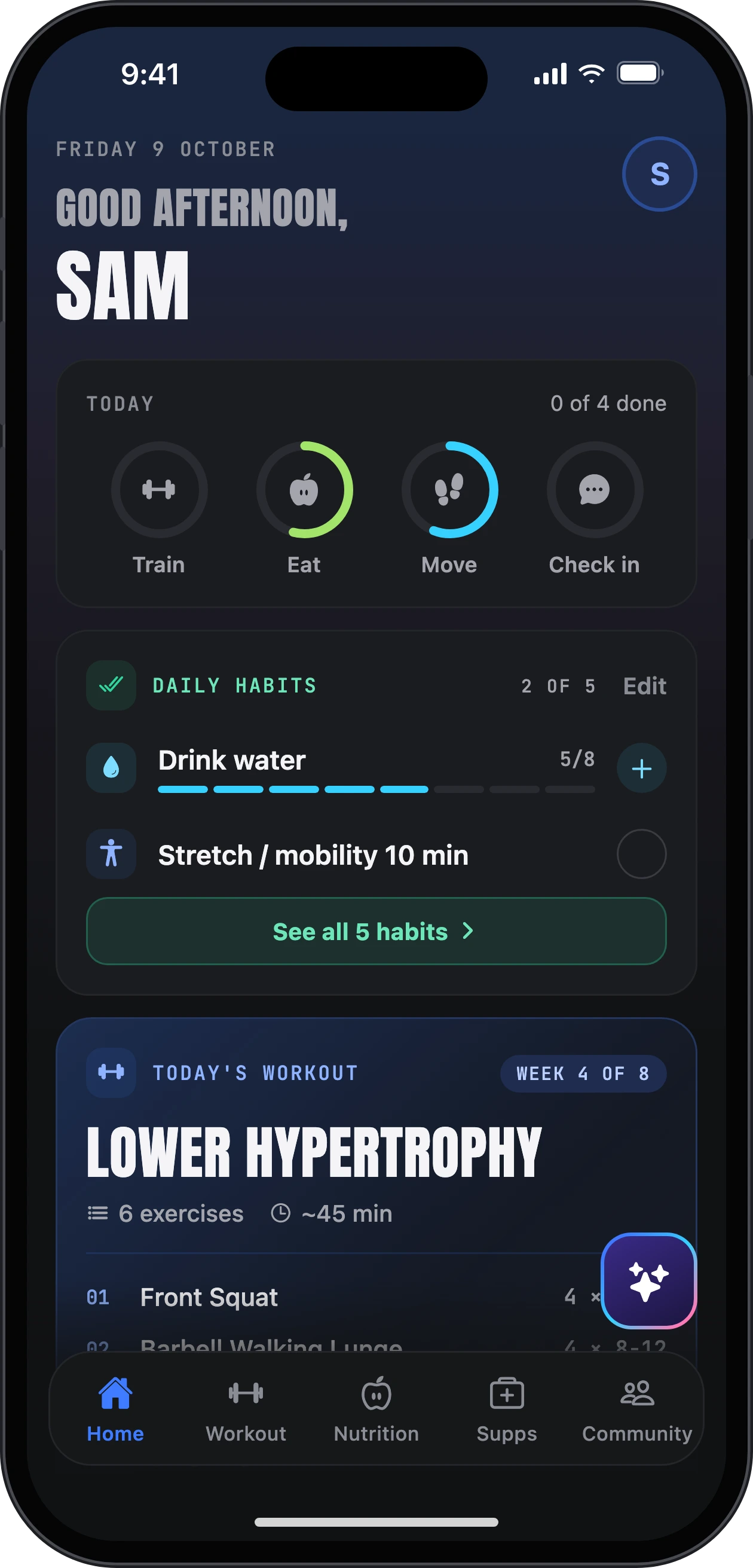 The app's Home screen: today's rings for train, eat, move and check in, daily habits, and today's workout