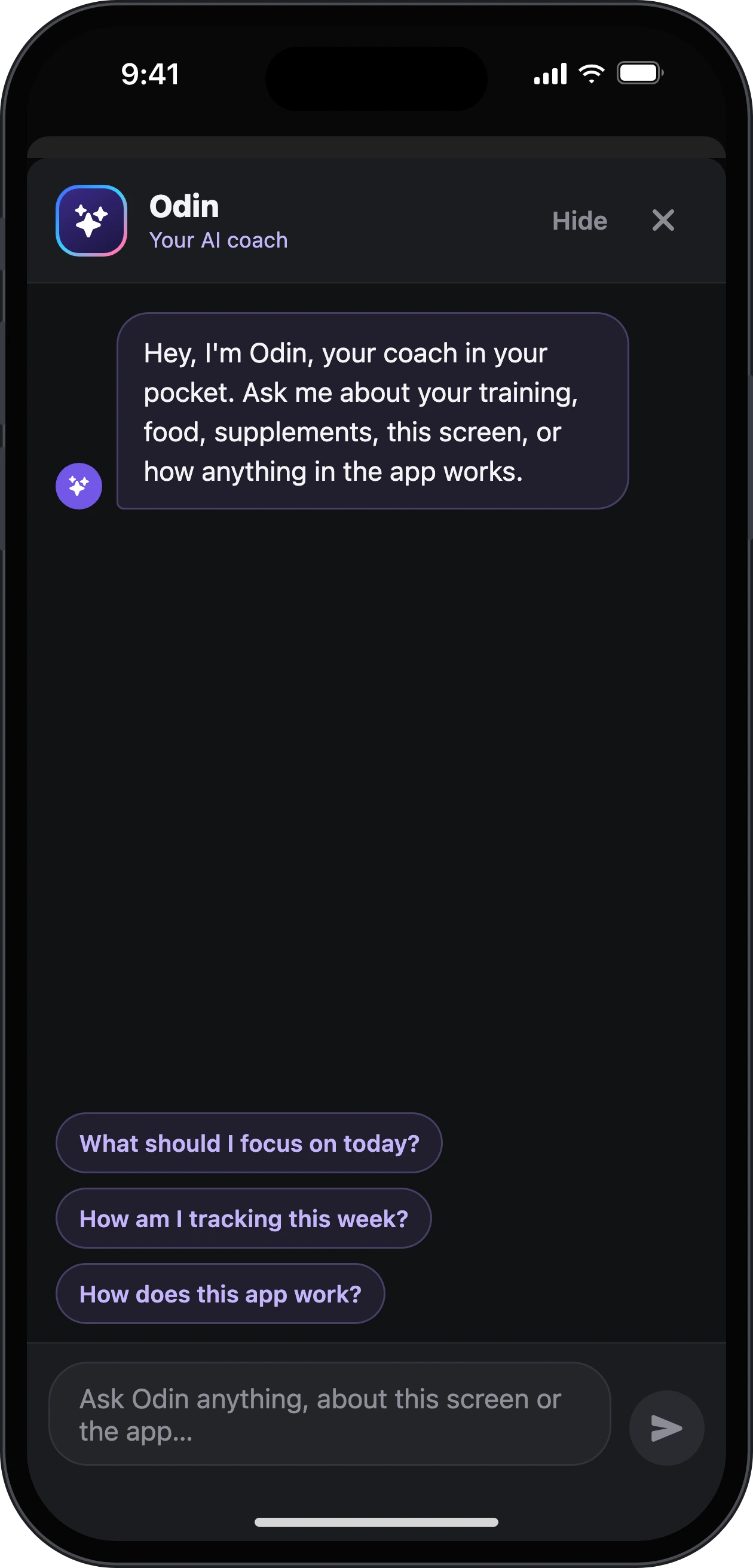 Odin, the AI coach, open over the Home screen with suggested questions