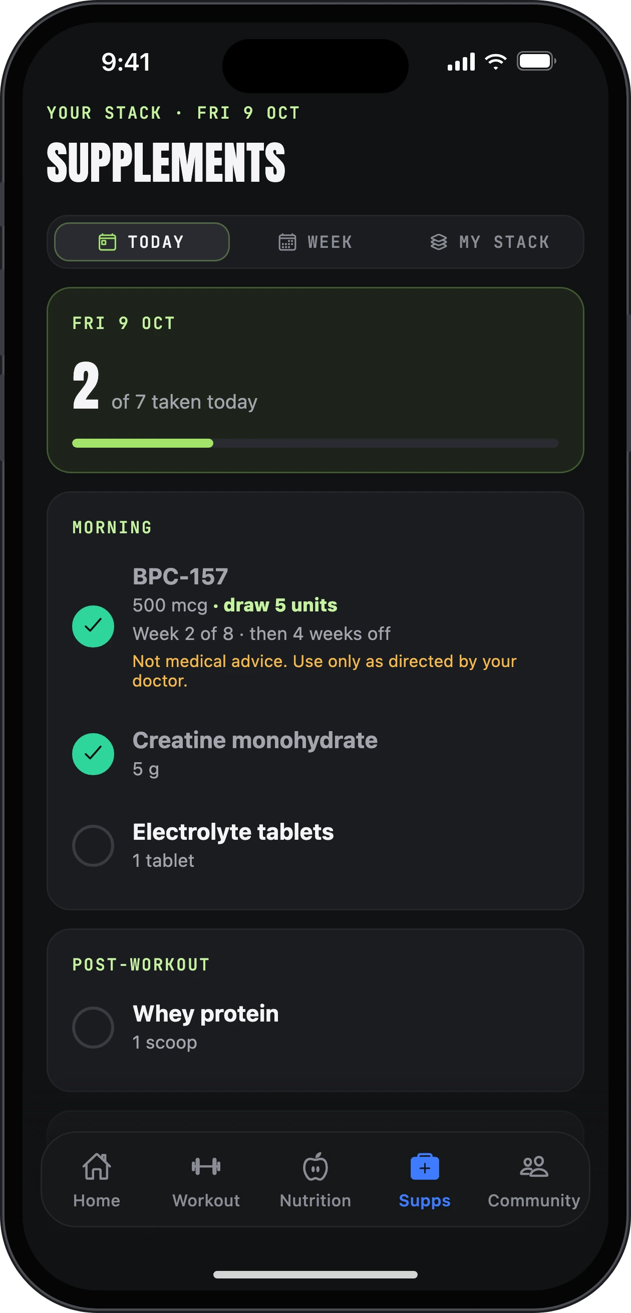 Supplements today: what is taken and what is left, BPC-157 and creatine ticked off in the morning, whey after training