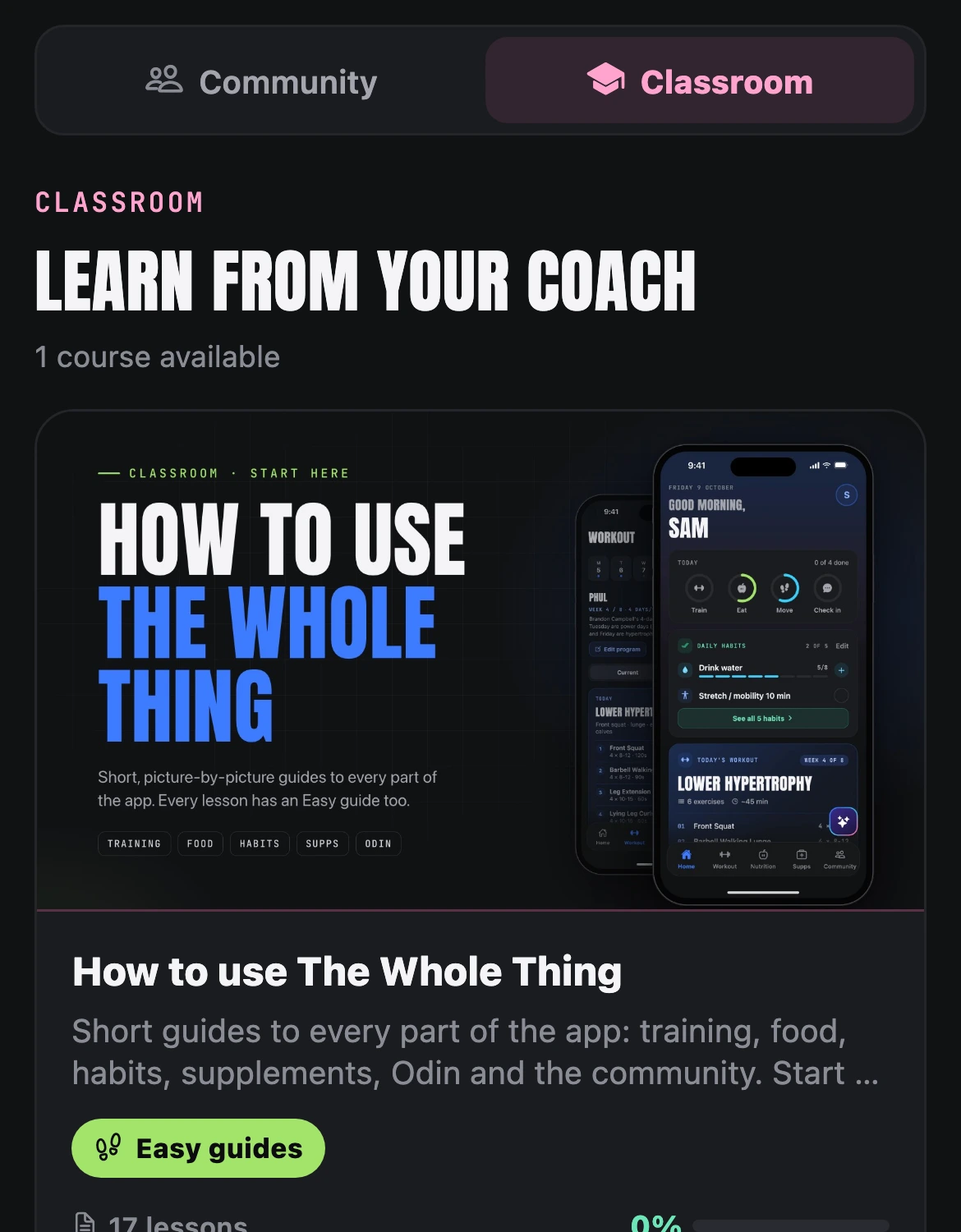 The Classroom: the course How to use The Whole Thing, with Easy guides